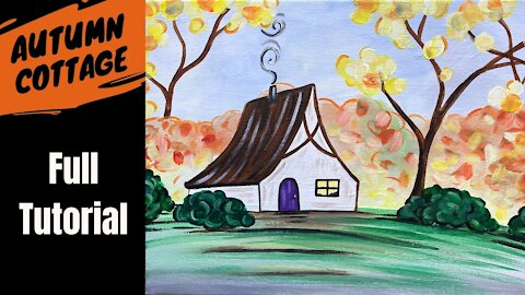 'Autumn Cottage' easy fall acrylic painting tutorial cottage in the woods