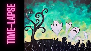 Timelapse painting - 'Graveyard Ghosts' easy Halloween acrylic painting tutorial for beginners