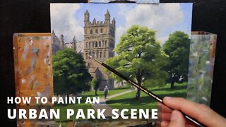 How to Paint an URBAN PARK SCENE. Tips For Painting Buildings and Trees