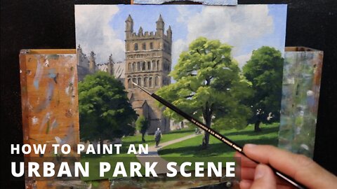How to Paint an URBAN PARK SCENE. Tips For Painting Buildings and Trees
