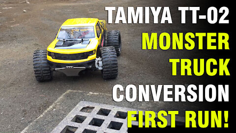 Tamiya TT-02 Chassis, On-Road to Monster Truck Conversion, First Run! 2S Lipo!