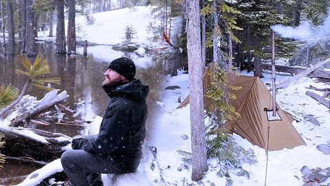 Hot Tent Lake Camping In Snow Flurry | Wood Stove Shrimp Alfredo
