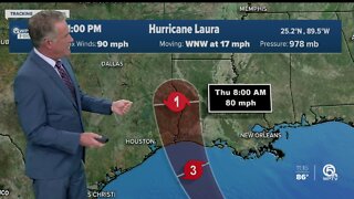 Tropical Storm Laura forecast to become major hurricane at landfall along the northwestern Gulf of Mexico coast