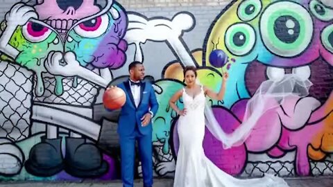 Bride & Groom play quick game of basketball before their wedding
