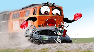 Train Crash Monster Trains Crush Cars on Railroad, FUNNY VIDEO
