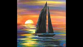 Paint and sip Tutorial for Beginners -- sunset sailboat with acrylic.