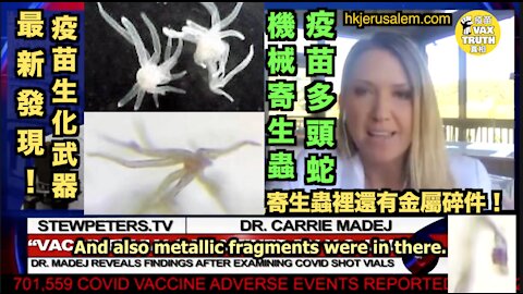嘉利麥迪博士 Dr Carrie Madej 在逆苗樣本中發現驚人的納米機器寄生蟲，Transhuman 超人類的實驗性產物，是可接駁人體到雲端，追蹤操縱監控人類思想、行為與身體的疫苗護照！