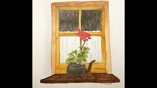 Flowers on a Windowsill Watercolor Painting Timelapse