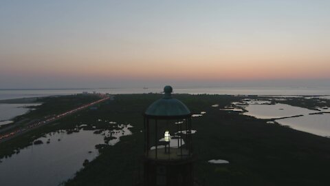 Drone footage of historic lighthouse in Port Galveston, Texas