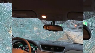 Ice flies off car, shattering windshield on 695