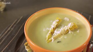 Cream of Poblano Chili with Roasted Elote, Mayonnaise and Grated Cheese