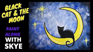 'Black Cat and the Moon' easy Halloween acrylic painting tutorial for beginners