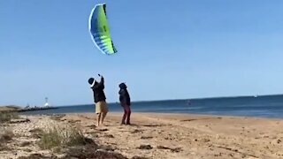 Dude gets hit in the head by fast flying kite