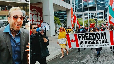Chris Sky rallies pro-freedom crowd outside CBC Toronto headquarters
