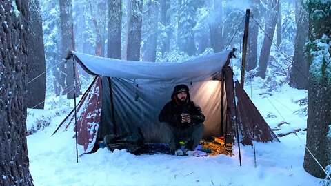Hot Tent Snow Camping In Old Growth Forest | Wood Stove Cheese Steak