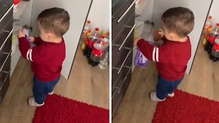 Kid finds chocolate in the kitchen, runs away with the goods