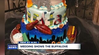 Couple shows the BuffaLove with Buffalo-themed wedding