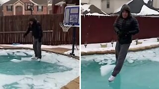 Guy skates on a frozen pool in Texas