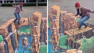 Mind-blowing chalk art creates incredible optical illusion