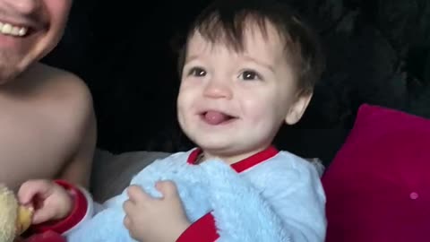 Toddler laughs at daddy’s fart.