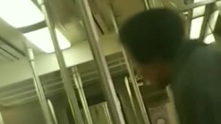 Three friends encounter a homeless man on a wheelchair making loud noises in a subway train