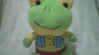 Green and yellow stuffed frog smiling, wearing a plaid shirt [Nature & Animals]