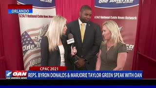 Rep. Byron Donalds and Rep. Marjorie Taylor Greene speak with OAN