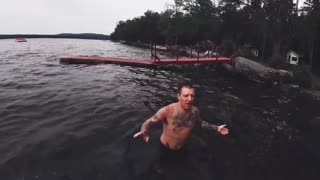 Boy Tries to Muster Up Courage to Jump off Dock to Dad