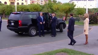 President Trump and First Lady Melania Trump are greeted by President Macron and his wife