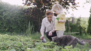 Video Of Woman And Her Child Cultivating The Soil With Their Pet Cat