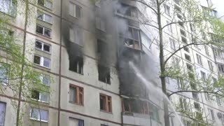 Firefighters battle Kharkiv apartment building blaze