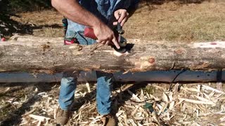 Hewing logs by Bigfoot Treehouses