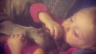 Little girl sweetly cuddles with her doggy