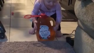Baby Who Just Wants Apple Juice Surprised by Playful Kitty