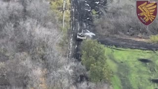 David v Goliath: Drone footage shows Ukrainian paratrooper emerge