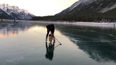 Skating dog joins owner to play hockey on frozen mountain lake