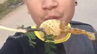 funny asian guy eating honey