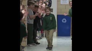 Six year old got welcomed back at his school with a standing ovation after beating leukemia..