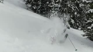 Skier jumps off hill and tumbles down forward