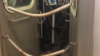Man costume white mask in between subway cars