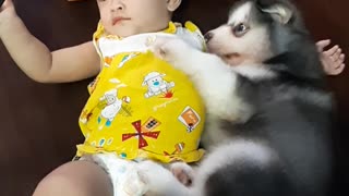 Baby and Puppy Relax Together