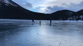 Dog joins owners for a windy skate on majestic frozen lake