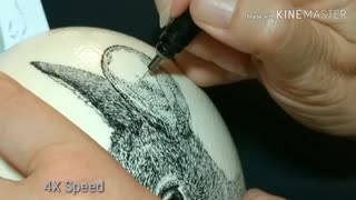 Pen & Ink Drawing - Cottontail on Ostrich Egg