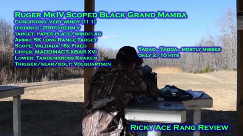 Ruger Scoped Black Grand Mamaba 22 pistol at 200yds vs paper plage/windflag