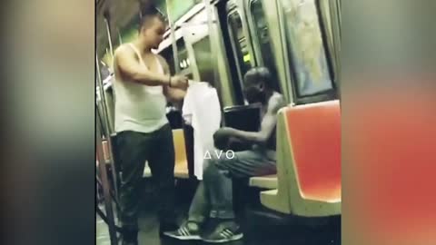 military man helps needy man in train