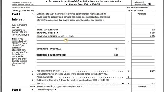 IRS Form 1040 Schedule B - Interest And Dividend Income