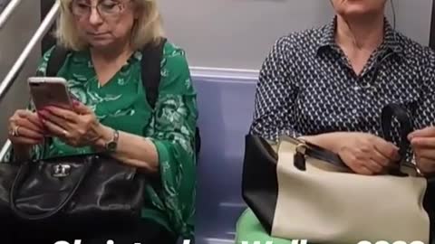 Woman sitting on subway looks like christopher walken