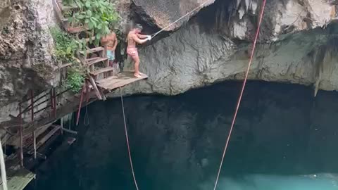 Rope Swing Over Cenote Doesn't Go As Planned
