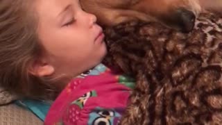 Little girl preciously snuggles with her dog