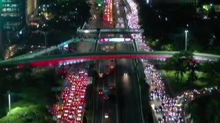 Jakarta City Downtown At Night Aerial Drone Shots